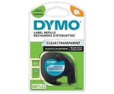 Dymo label spausdintuvas tape LetraTag Plastic 12mmx4m, juodas/transparent
