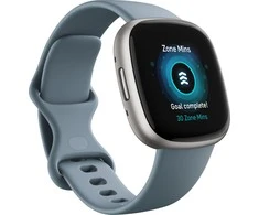 Išmanusis laikrodis Fitbit Versa 4, Platinos spalvos korpusas su melsvos spalvos silikoniniu dirželiu