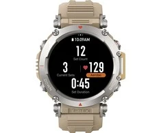 Išmanusis laikrodis Amazfit T-Rex Ultra, Nerūdijančio plieno spalvos korpusas su Sacharos smėlio spalvos dirželiu