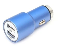 Omega automobilinis įkroviklis 2xUSB 2100mA metalinis, mėlynas (43343)