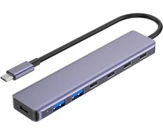 PLATINET medijos šakotuvas USB-C į 4 USB-C 3.2 GEN2 + 2 USB-A 3.2 GEN1 + 1 USB-C PD 100W 7IN1 ALIUMINIS [46236]