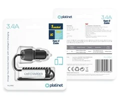 Įkroviklis automobilinis Platinet (PLCRSC) su Type-C laidu (1xUSB 3.4A) juodas