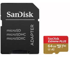 Atminties kortelė SanDisk Extreme PLUS Micro SDXC 64GB + SD adapteriai + 2 metai RescuePRO Deluxe iki 200MB/s &amp; 90MB/s Skaitymo/Rašymo greitis A2 C10 V30 UHS-I U8, EAN: 619659189150
