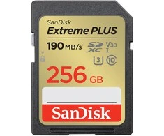 SanDisk Extreme PLUS 256 GB SDXC atminties kortelė + 2 metai RescuePRO Deluxe iki 190 MB/s ir 130 MB/s skaitymo / rašymo greitis, UHS-I, 10 klasė, U3, V30; EAN:619659189457