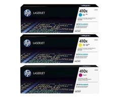 Hewlett Packard (HP) HP 410X 3 pakuočių didelio našumo žalsvai mėlynos spalvos / rausvai raudonos spalvos / geltonos originalios LaserJet dažų kasetės