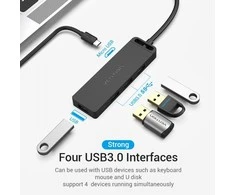 Vention Ventiliacija iš USB-C į USB3.0 x 4 šakotuvą su maitinimo šaltiniu Juodas 0,15 m