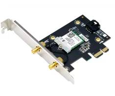 Asus PCE-AXE5400 "WiFi 6E PCI-E" adapteris su 2 išorinėmis antenomis. Palaiko 6 GHz dažnių juostą, 160 MHz, Bluetooth 5.2, WPA3 tinklo apsaugą, OFDMA ir MU-MIMO