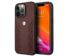 BMW BMHCP13XRSPPR tikros perforuotos odos galinio dangtelio dėklas, skirtas iPhone 13 Pro Max ruda-juoda