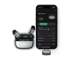 BOYA belaidis mikrofonas „Mini 2-02“ 2,4 GHz, su dirbtinio intelekto valdomu triukšmo slopinimu, 2 siųstuvais ir 1 imtuvu (C tipo), pilkos spalvos, ES