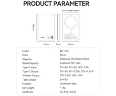 BWOO aliumininė magnetinė išorinė baterija P75 PD 20W 5000 mAh su skaitmeniniu ekranu ir USB-C jungtimi, sidabrinė