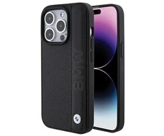 Dėklas BMW BMHCP15L22RDPK Apple iPhone 15 Pro 6.1″ juodos spalvos kietas dėklas Leather Textured &amp; Stripe