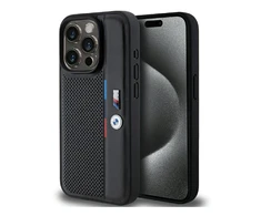 Dėklas BMW BMHCP15M23 PUPVK Apple iPhone 15 Plus 14 Plus 6.7″ juodos spalvos kietas dėklas Perforated Tricolor Line