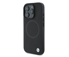 BMW Signature Leather Crossing Lines Pattern Apple iPhone 16 Pro - dėklas telefonui juodos spalvos