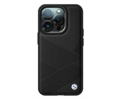 BMW Signature Leather Crossing Lines Pattern Apple iPhone 16 Pro - dėklas telefonui juodos spalvos