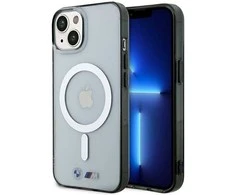 BMW BMHMP14MHCRS dėklas Apple iPhone 14 Plus 15 Plus 6.7″ skaidrus kietas dėklas Sidabrinis Ring MagSafe