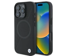 BMW BMHMP16L23RTPK Apple iPhone 16 Pro 6.3″ juodos spalvos kietas dėklas Sign Leather Half Textured And Circle Mag