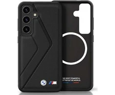 Dėklas BMW Leather Oversized Stripes MagSafe Samsung Galaxy S25 juodos spalvos