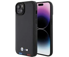 Dėklas BMW BMHCP15M22PTDK Apple iPhone 15 Plus / 14 Plus 6.7″ juodos spalvos Leather Stamp Tricolor