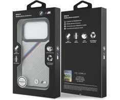 BMW M Tricolor Metal Logo MagSafe dėklas Apple iPhone 17 Pro pilkos spalvos