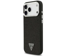 Dėklas Guess Glitter Triangle Logo MagSafe iPhone 17 Pro Max juodos spalvos