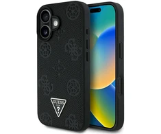 Dėklas Guess Grūdėtos odos įspaudu Peony trikampis logotipas MagSafe iPhone 16 juodos spalvos