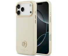 Dėklas Guess Grained Strass Logo MagSafe Apple iPhone 17 Pro Max smėlio spalvos