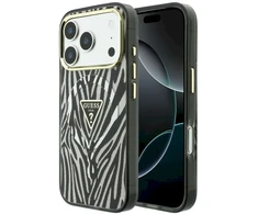 Guess IML Zebra Glitter Triangle Logo dėklas, skirtas „MagSafe“ iPhone 18 Pro / 17 Pro – sidabrinis