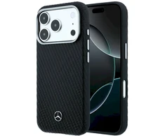 Dėklas Mercedes Leather Semi Wrap Wood Effect MagSafe, skirtas iPhone 18 Pro Max / 17 Pro Max, juodas