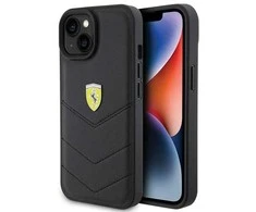 Ferrari FEHCP15SRDUK Apple iPhone 15 / 14 / 13 6.1″ juodos spalvos kietas dėklas Quilted Metal Logo