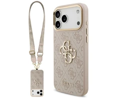 Guess 4G Big 4G Classic Logo Big Strap Metal Mygtukai dėklas skirtas Apple iPhone 17 Pro Max rožinės spalvos