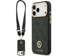 Guess 4G Strass Logo & Big Strap Metal Mygtukai MagSafe dėklas skirtas iPhone 17 Pro Max juodos spalvos