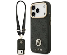 Guess 4G Strass Logo & Big Strap Metal Mygtukai MagSafe dėklas skirtas iPhone 17 Pro juodos spalvos