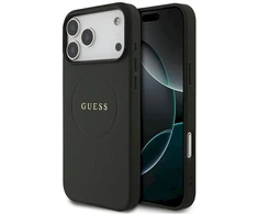 Guess Grained Gold Ring MagSafe dėklas, skirtas iPhone 18 Pro Max / 17 Pro Max – juodos spalvos