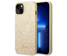 Guess GUHCP14SHGGSHD Apple iPhone 14 / 15 / 13 6.1″ auksinis kietas dėklas Glitter Script