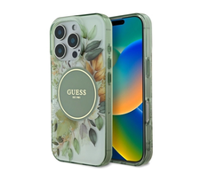 Guess IML Flower &amp; Tonal Circle MagSafe Apple iPhone 16 Pro - dėklas telefonui žalios spalvos