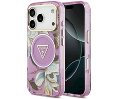 Dėklas Guess IML Glitter Flowers Triangle MagSafe Case for iPhone 17 Pro / 18 Pro - Violetinė