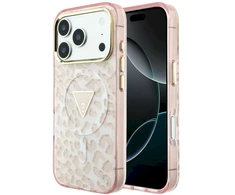 Dėklas Guess IML Leopard Glitter Triangle Logo MagSafe Case, skirtas iPhone 17 Pro / 18 Pro - Rožinė