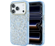 Dėklas Guess IML Leopard Glitter Triangle Logo MagSafe Case, skirtas iPhone 17 Pro / 18 Pro – Mėlyna