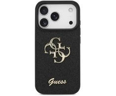 Guess PU Fixed Glitter 4G Metal Logo dėklas skirtas Apple iPhone 17 Pro juodos spalvos