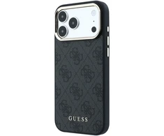 Guess PU odos dėklas su 4G aukso rėmeliu, MagSafe, iPhone 18 Pro, juodos spalvos