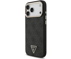 Guess PU oda 4G Strass trikampis logotipas aukso rėmeliu MagSafe dėklas iPhone 18 Pro Max juodos spalvos