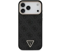 Guess PU odos 4G Strass trikampio logotipo auksinio rėmelio MagSafe dėklas iPhone 18 Pro Max juodos spalvos