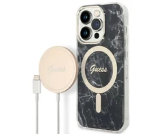 Apple iPhone 14 PRO Guess dėklas Marble MagSafe + Belaidis Įkroviklis (GUBPP13LH4EACSP) juodos spalvos