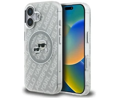 Karl Lagerfeld IML blizgučiais puoštas „Karl &amp; Choupette Heads“ logotipo „MagSafe iPhone 16“ dėklas – pilkas