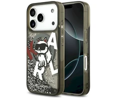 Dėklas Original Pouch Karl Lagerfeld Liquid Glitter Choupette Logo MagSafe skirtas Apple iPhone 17 Pro juodos spalvos