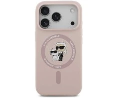 Karl Lagerfeld Liquid Silicone Karl and Choupette MagSafe dėklas skirtas Apple iPhone 17 Pro rožinės spalvos