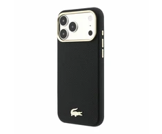 Lacoste PU oda Champs Elysees auksinis logotipas MagSafe dėklas, skirtas iPhone 18 Pro Max, juodos spalvos