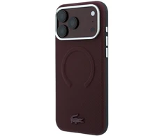 Lacoste PVC Petit Pique pusiau uždengiamas reljefinis MagSafe dėklas, skirtas iPhone 18 Pro Max, bordo spalvos