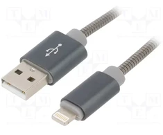 GEMBIRD CC-USB2S-AMLM-2M-BG Gembird Premium spiralinis metalinis 8 kontaktų įkrovimo ir duomenų kabelis, 2m, metalinis-pilkas