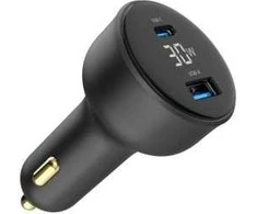 Gembird Greitas automobilinis įkroviklis 2x USB, C tipo (PD), LCD, 30W, juodas
